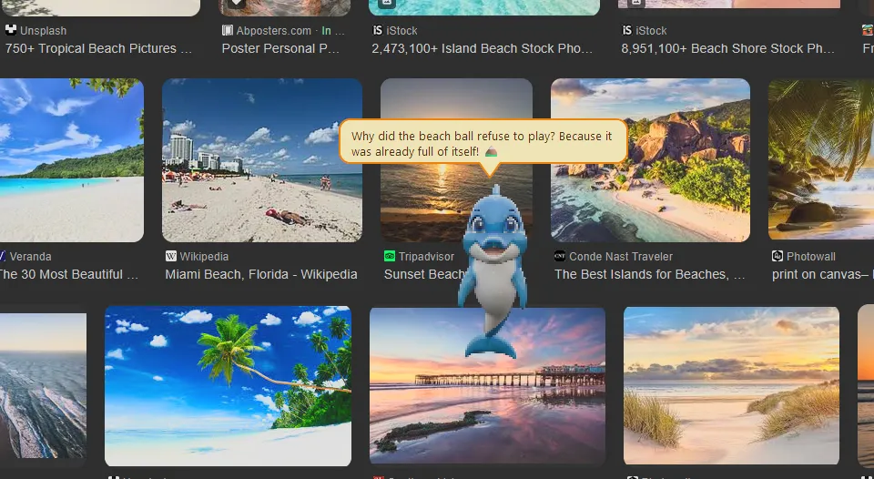 Dipsy Dolphin delivering a joke through the speech bubble while the character stays visible on the desktop.